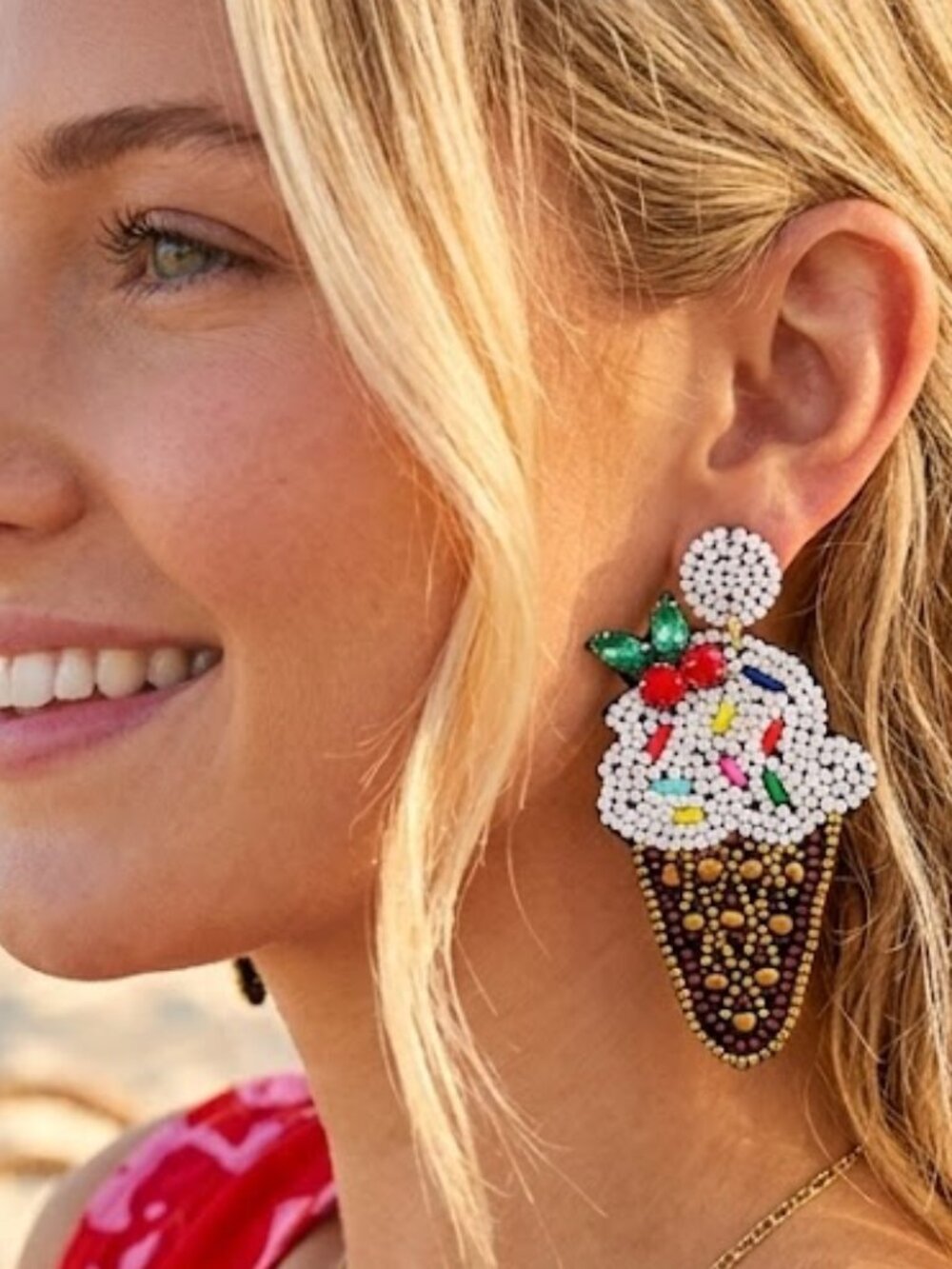 Beaded Crystal Cherry Accent Ice Cream Cone Summer Vibe Statement Earrings NEW